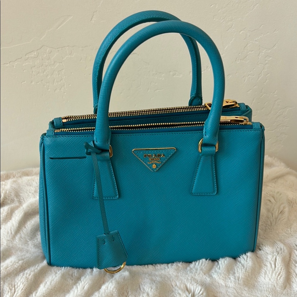 Prada Turquoise Saffiano Lux Leather Mini-Bag with Structured Design